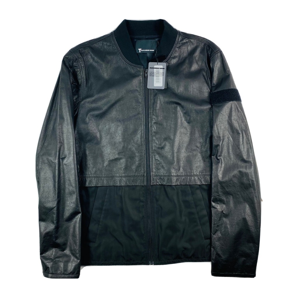NWT Alexander Wang Black Lambskin Leather Polyester Full‎ Zip Bomber Jacket L